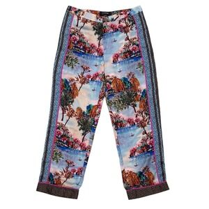 Le Superbe Toile Print Straight Leg Pants Blue Pink Scenic Watercolor 28W